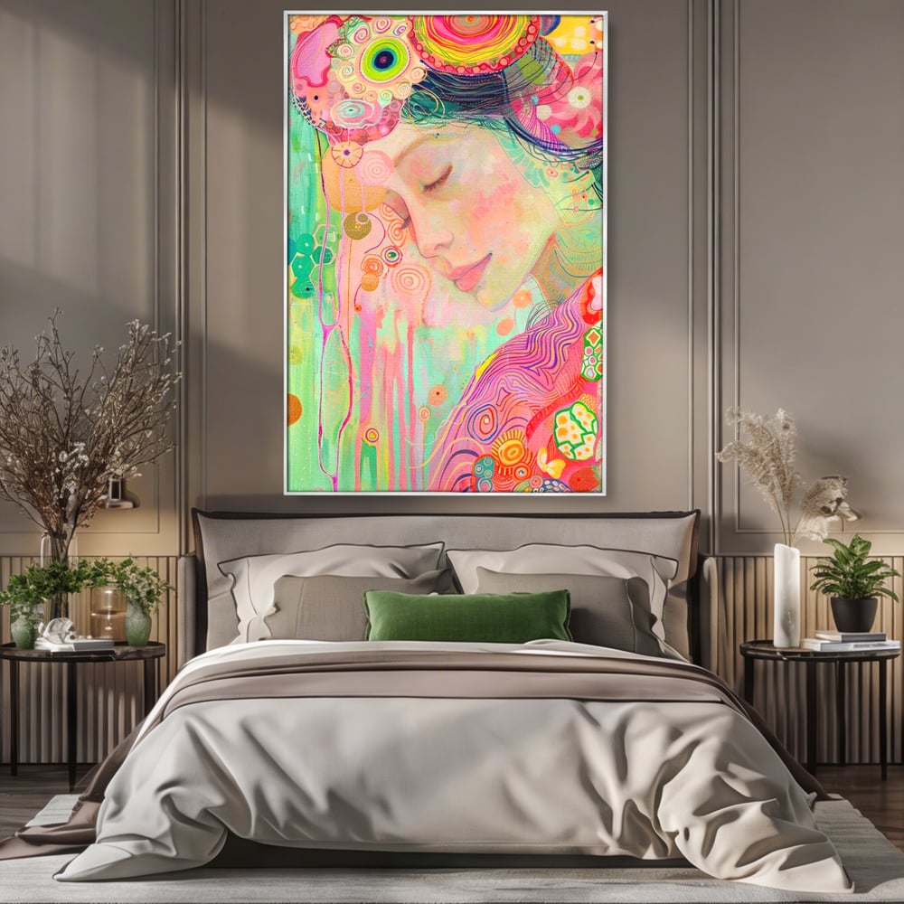 Tablou canvas cu tablou canvas cu portret de zana, in rama de aluminiu argintiu, pe perete intr-un dormitor